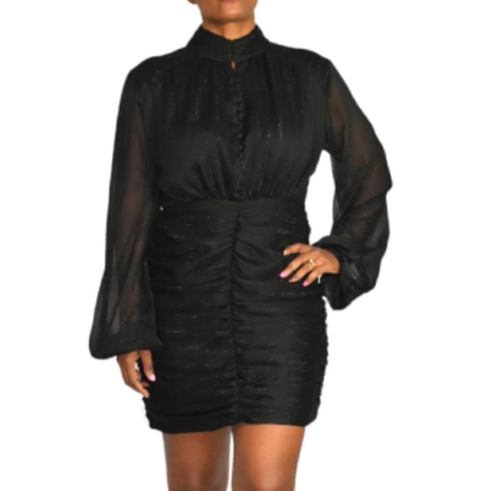 House of Harlow Ruched Sheer Lurex Metallic Mini Dress in Black sz 8